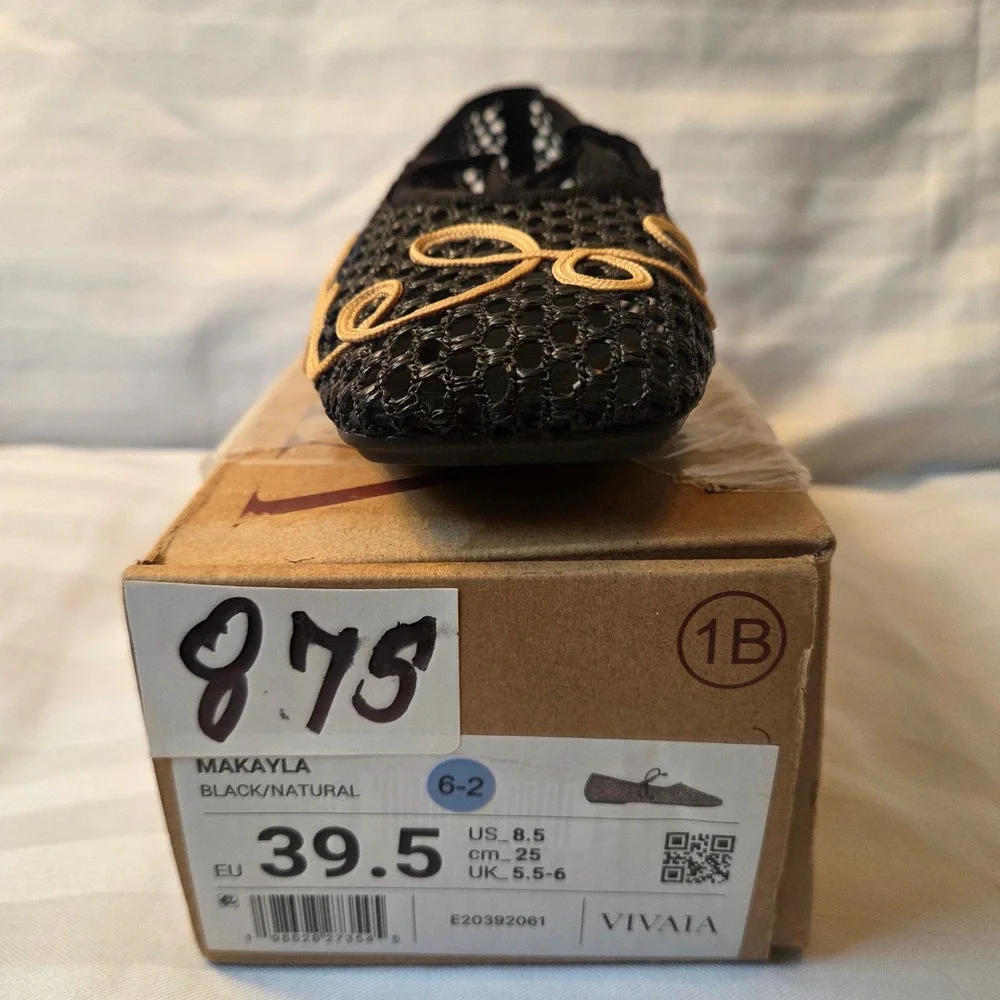 VIVAIA Makayla Black Natural Mesh Embroidered Square Toe Flats EU 39.5 US 8.5
